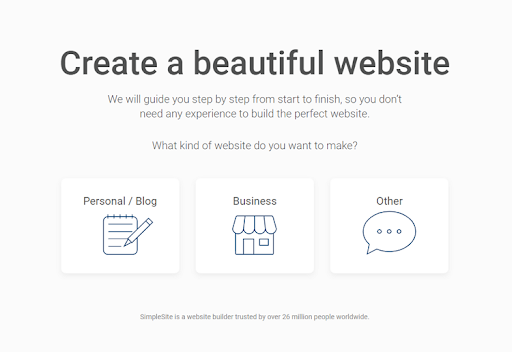 Screenshot of creating a website screen at Simple Site 